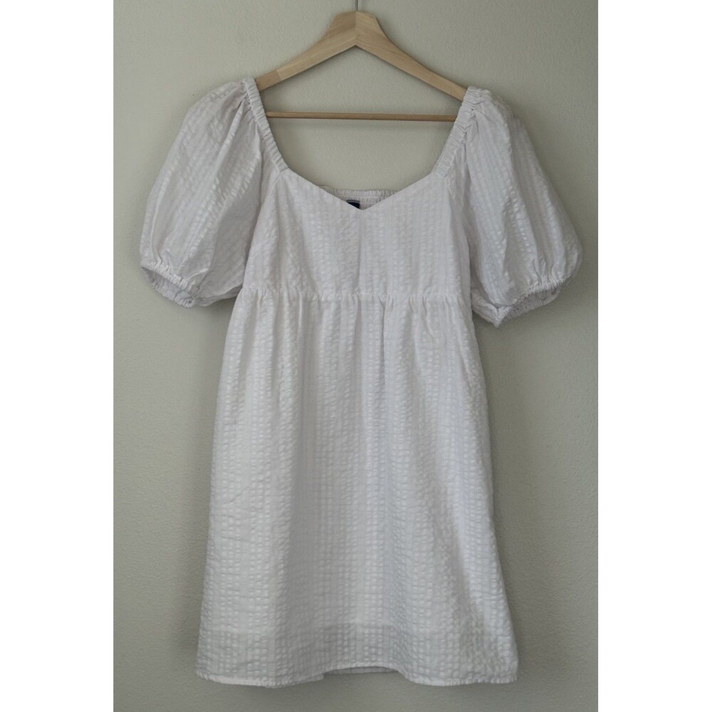 Old Navy White Seersucker Dress Puff Sleeves XS Babydoll Cottage Coastal Preppy